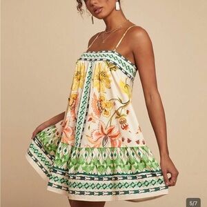 SHEIN White Floral Green Border Spaghetti Strap Mini Dress